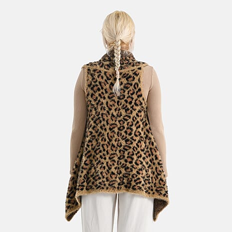 Styled By Leopard Print Sleeveless Waterfall Draped Cardigan (Fits UK 10-18) - Brown