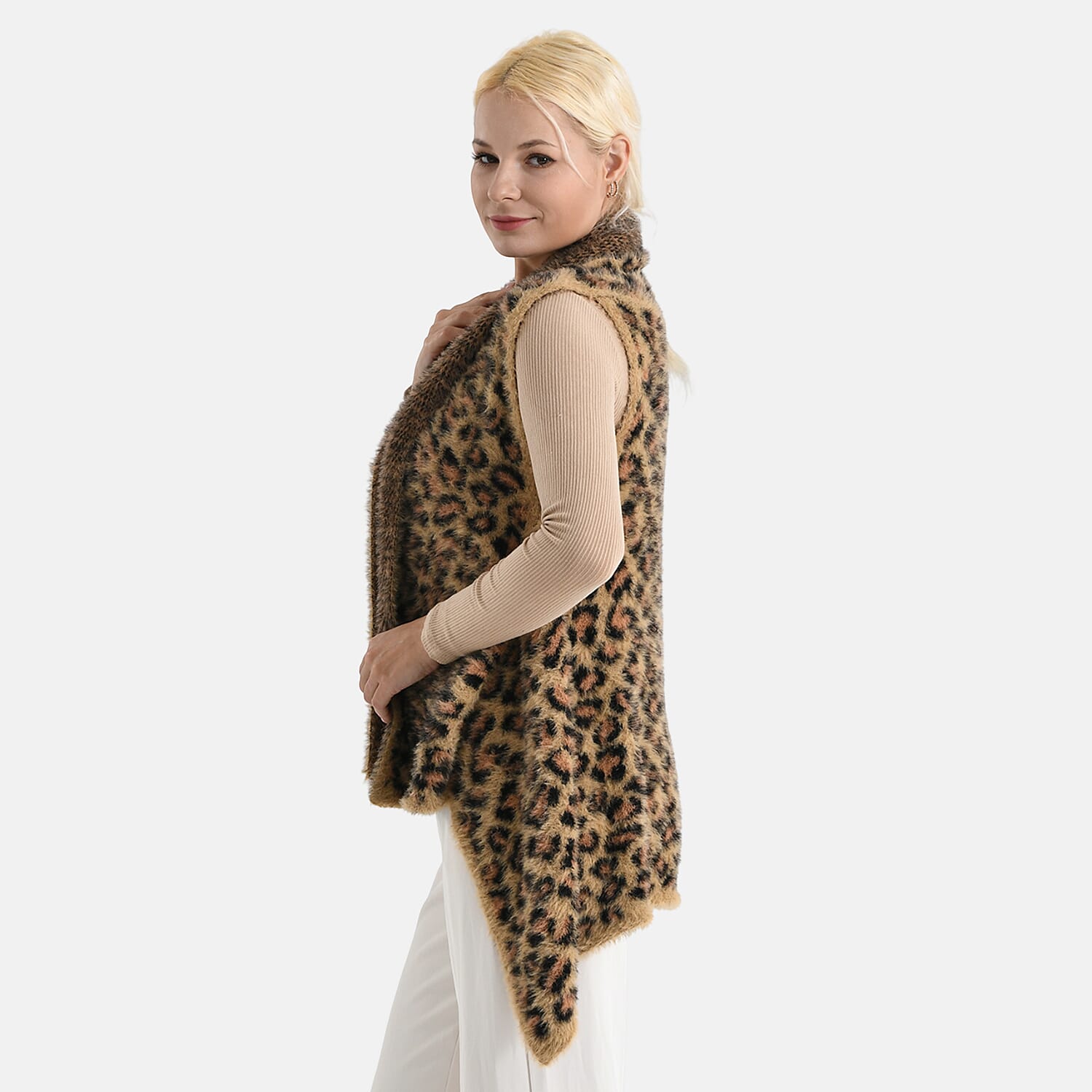 Styled By Leopard Print Sleeveless Waterfall Draped Cardigan (Fits UK 10-18) - Brown