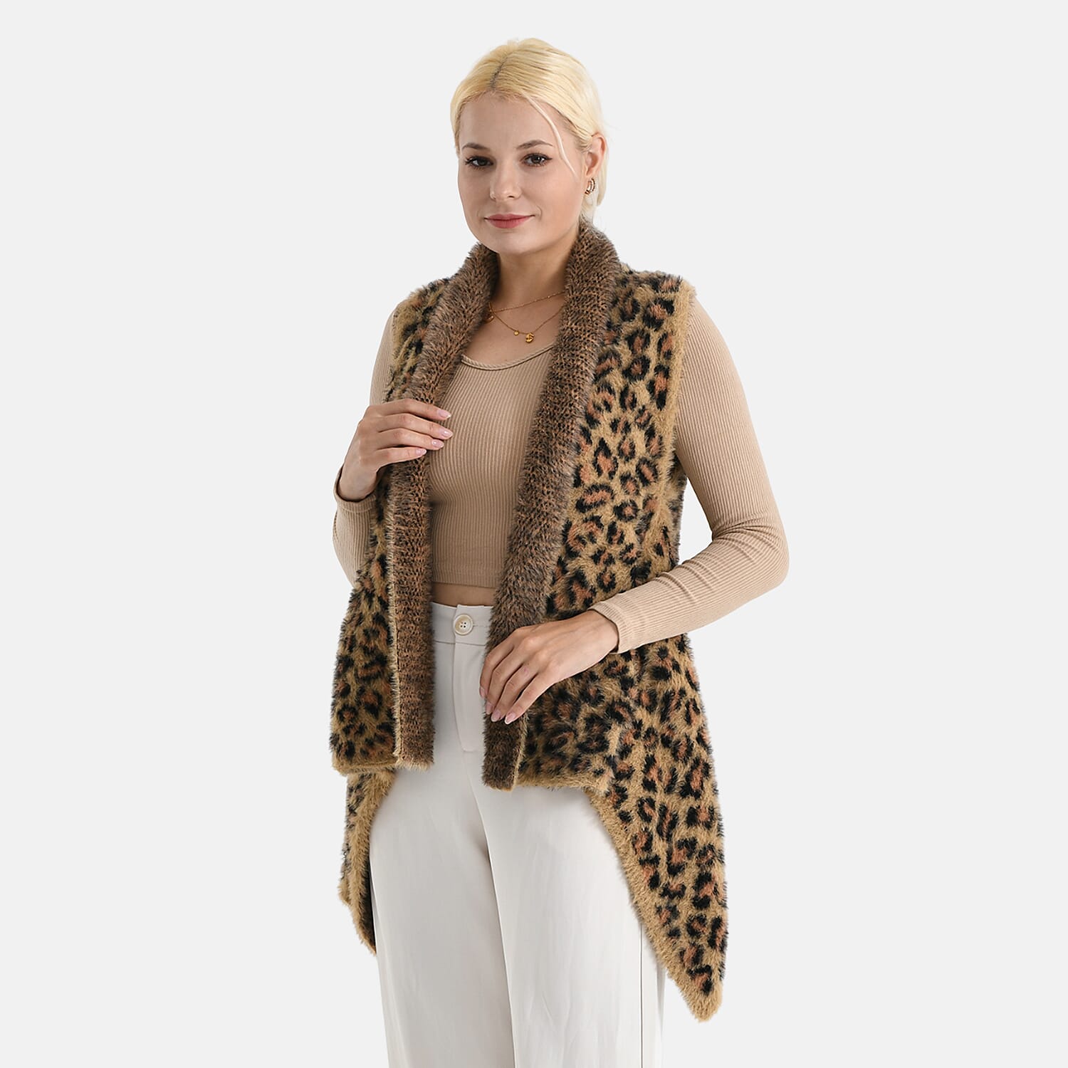 Styled By Leopard Print Sleeveless Waterfall Draped Cardigan (Fits UK 10-18) - Brown