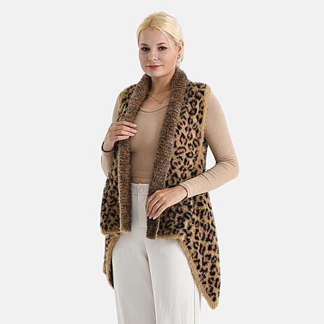 Styled By Leopard Print Sleeveless Waterfall Draped Cardigan (Fits UK 10-18) - Brown