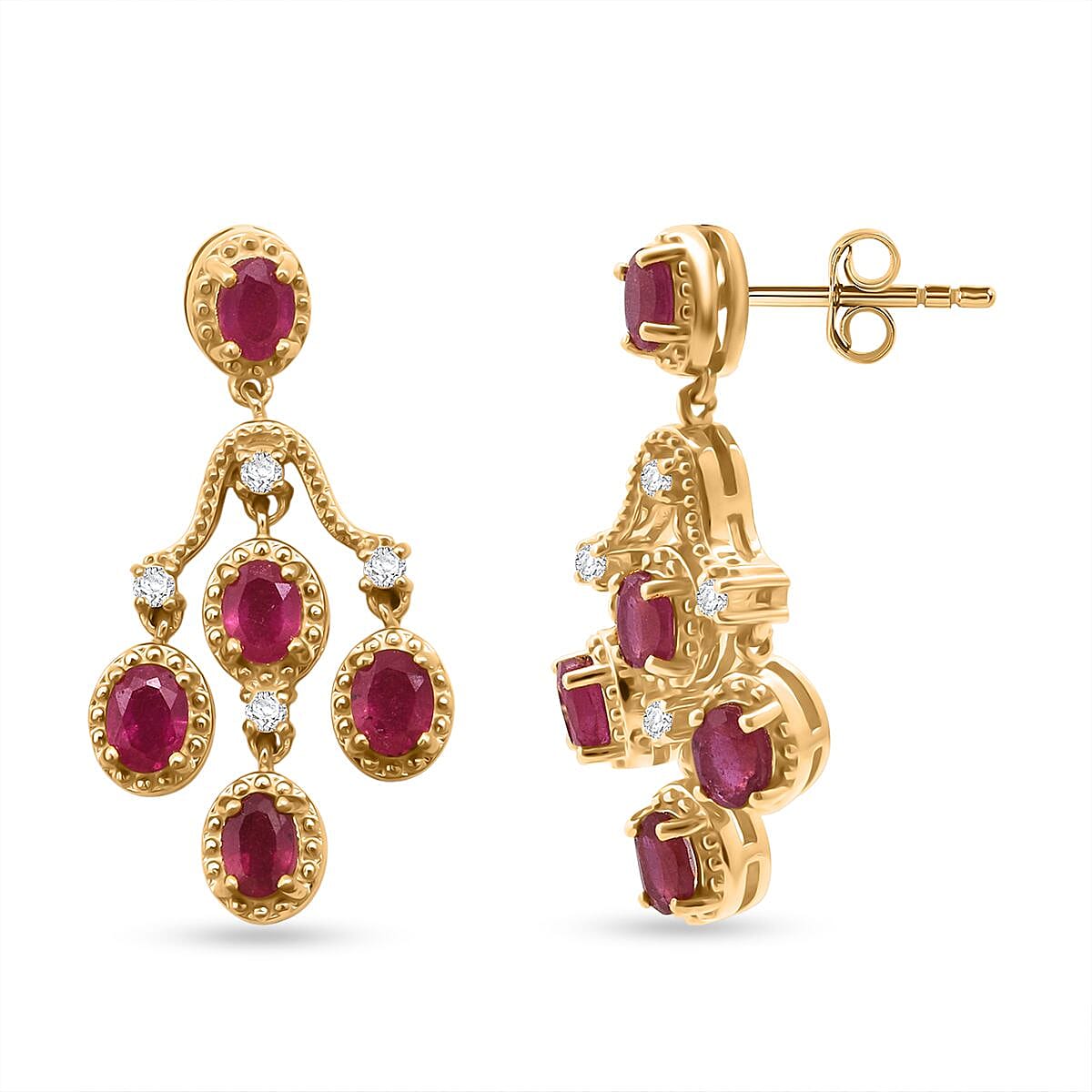 D'Joy African Ruby & White Zircon Earring with Push Back in Yellow Gold Plated Sterling Silver 2.48 Ct.