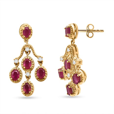 D'Joy African Ruby & White Zircon Earring with Push Back in Yellow Gold Plated Sterling Silver 2.48 Ct.