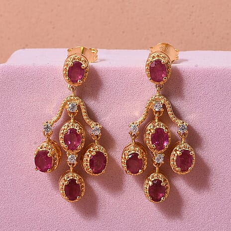D'Joy African Ruby & White Zircon Earring with Push Back in Yellow Gold Plated Sterling Silver 2.48 Ct.