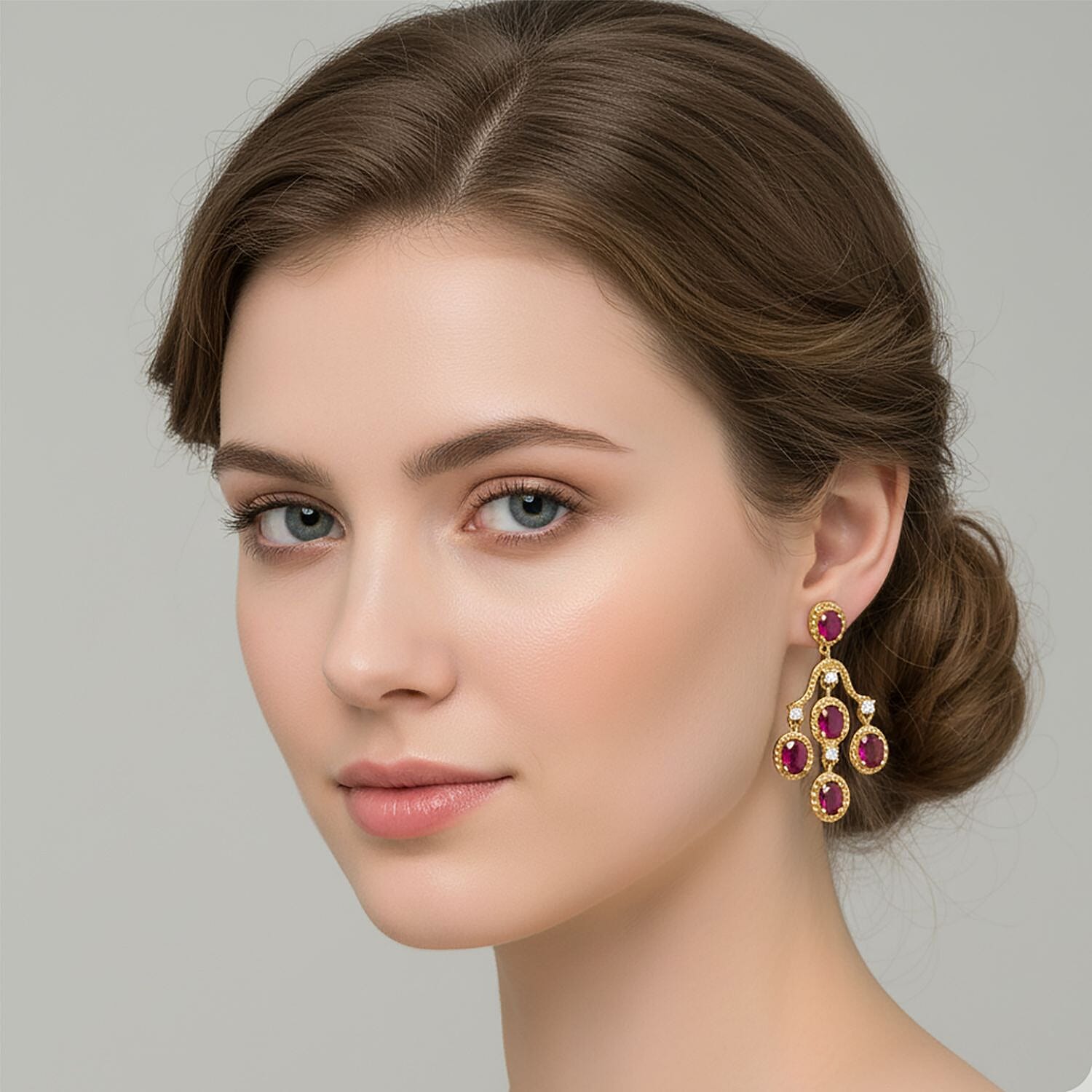 D'Joy African Ruby & White Zircon Earring with Push Back in Yellow Gold Plated Sterling Silver 2.48 Ct.