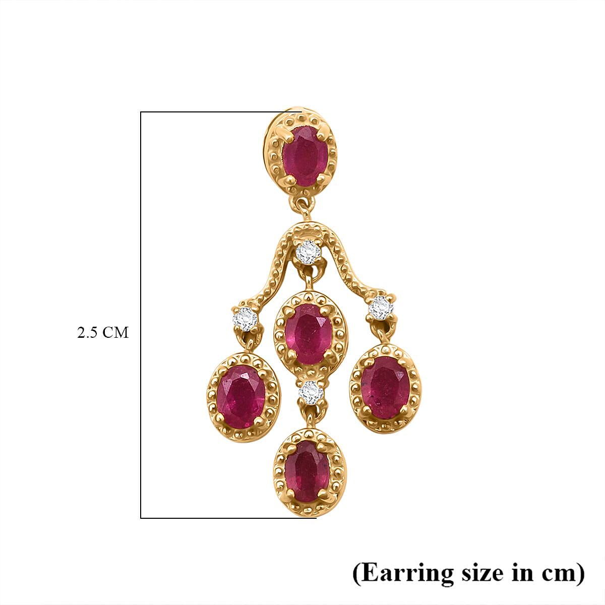D'Joy African Ruby & White Zircon Earring with Push Back in Yellow Gold Plated Sterling Silver 2.48 Ct.