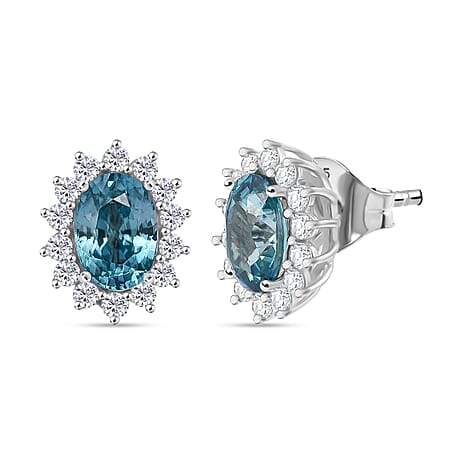 D'Joy Blue Zircon & White Zircon Earring with Push Back in Rhodium Overlay Sterling Silver 3.15 Ct.