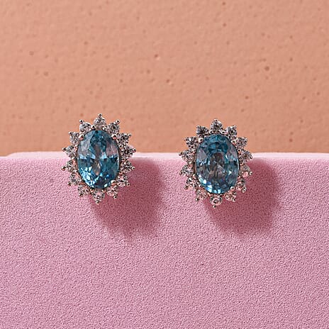D'Joy Blue Zircon & White Zircon Earring with Push Back in Rhodium Overlay Sterling Silver 3.15 Ct.