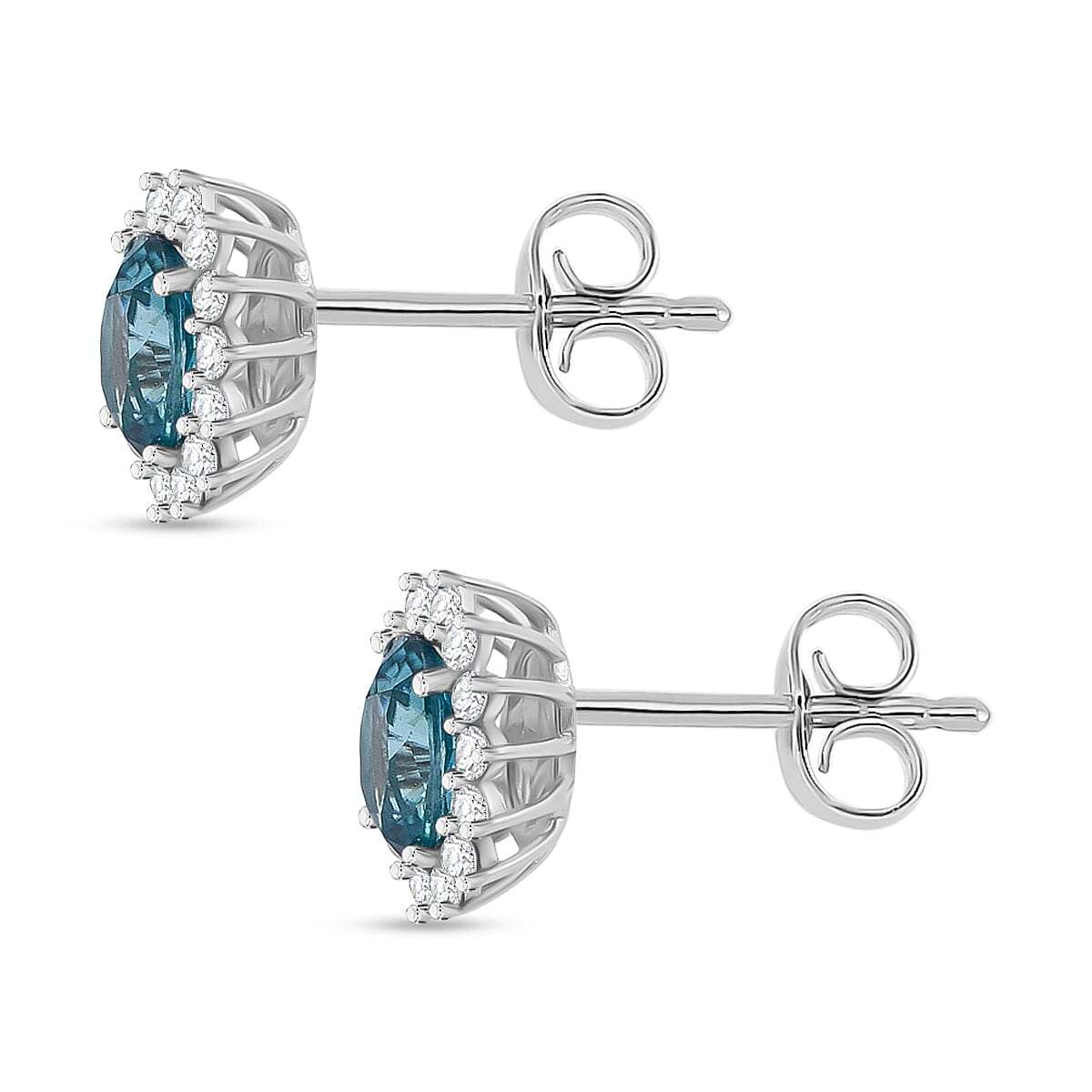 D'Joy Blue Zircon & White Zircon Earring with Push Back in Rhodium Overlay Sterling Silver 3.15 Ct.