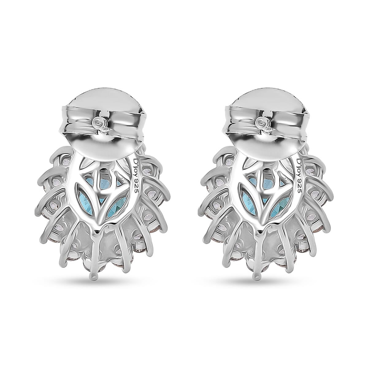 D'Joy Blue Zircon & White Zircon Earring with Push Back in Rhodium Overlay Sterling Silver 3.15 Ct.