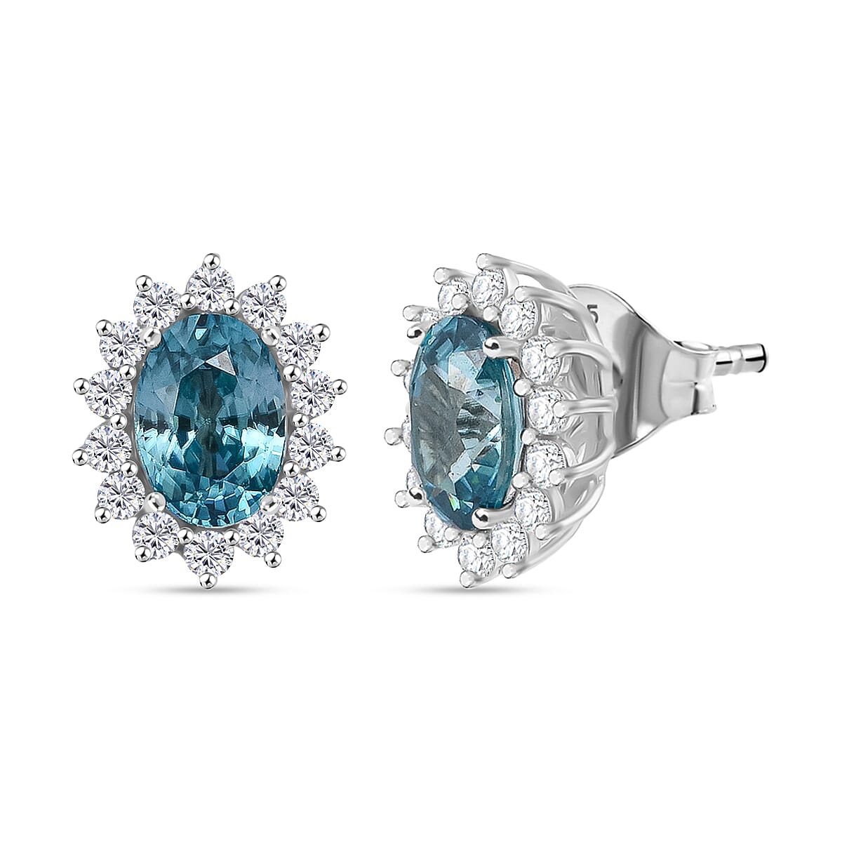 D'Joy Blue Zircon & White Zircon Earring with Push Back in Rhodium Overlay Sterling Silver 3.15 Ct.