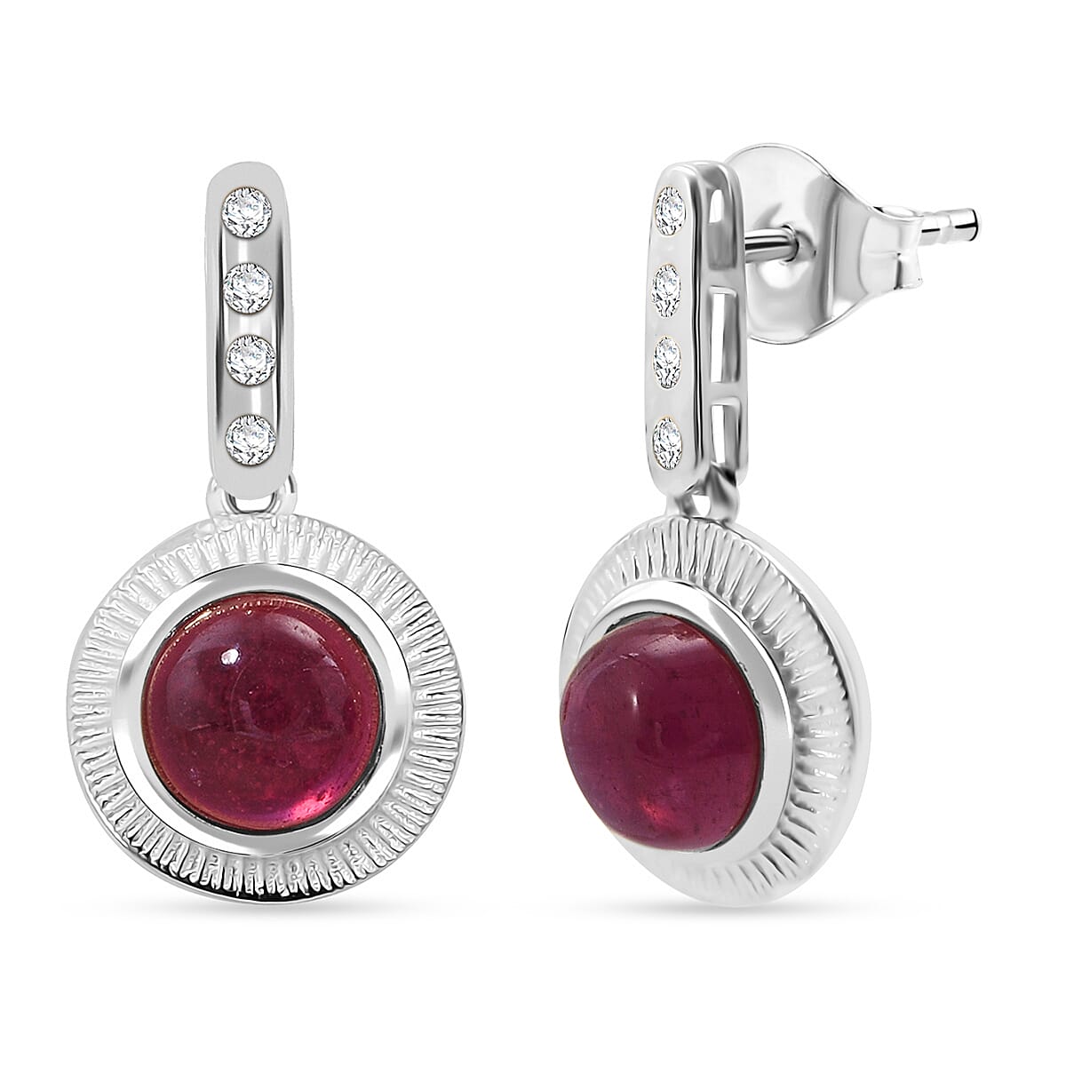 D'Joy Cabo Delgado Ruby & White Zircon Earring with Push Back in Rhodium Overlay Sterling Silver 2.96 Ct.