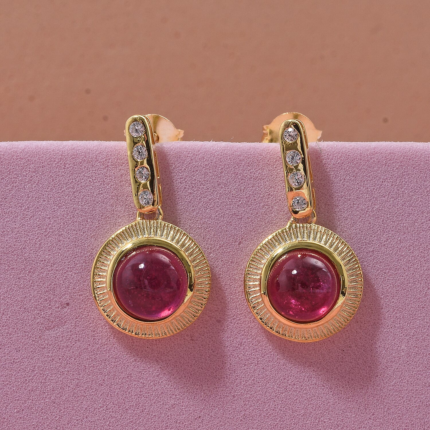 D'Joy Cabo Delgado Ruby & White Zircon Earring with Push Back in Yellow Gold Plated Sterling Silver 2.96 Ct.