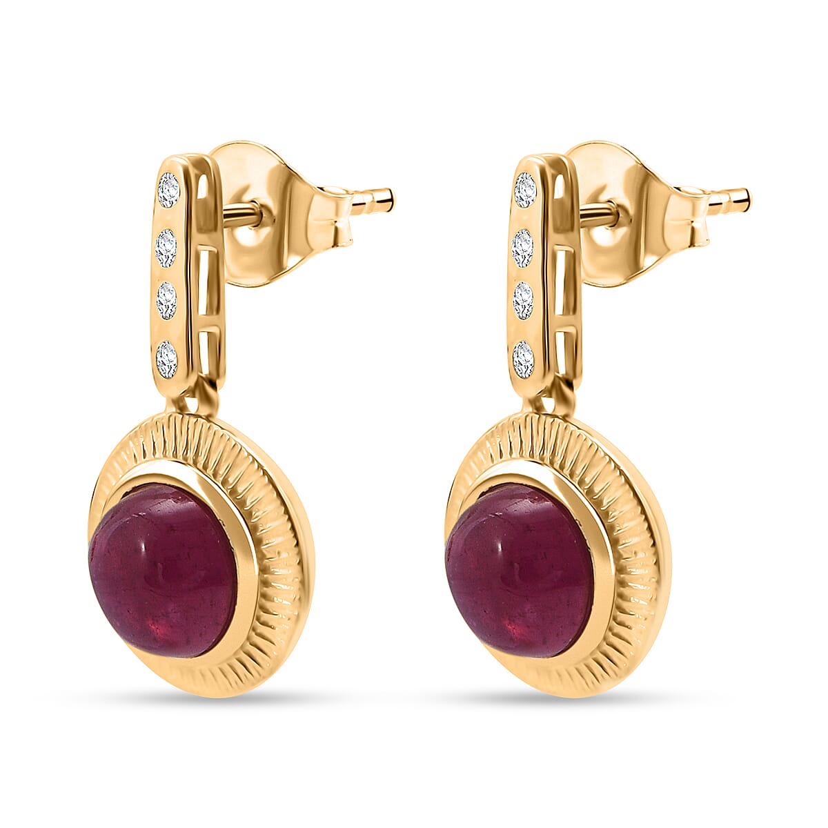 D'Joy Cabo Delgado Ruby & White Zircon Earring with Push Back in Yellow Gold Plated Sterling Silver 2.96 Ct.