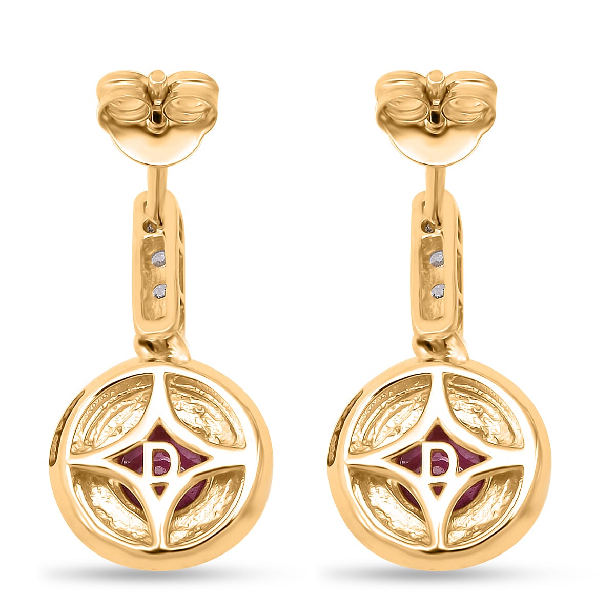 D'Joy Cabo Delgado Ruby & White Zircon Earring with Push Back in Yellow Gold Plated Sterling Silver 2.96 Ct.
