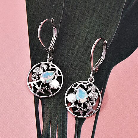 D'Joy Ethiopian Opal Earring with Lever Back in Rhodium Overlay Sterling Silver