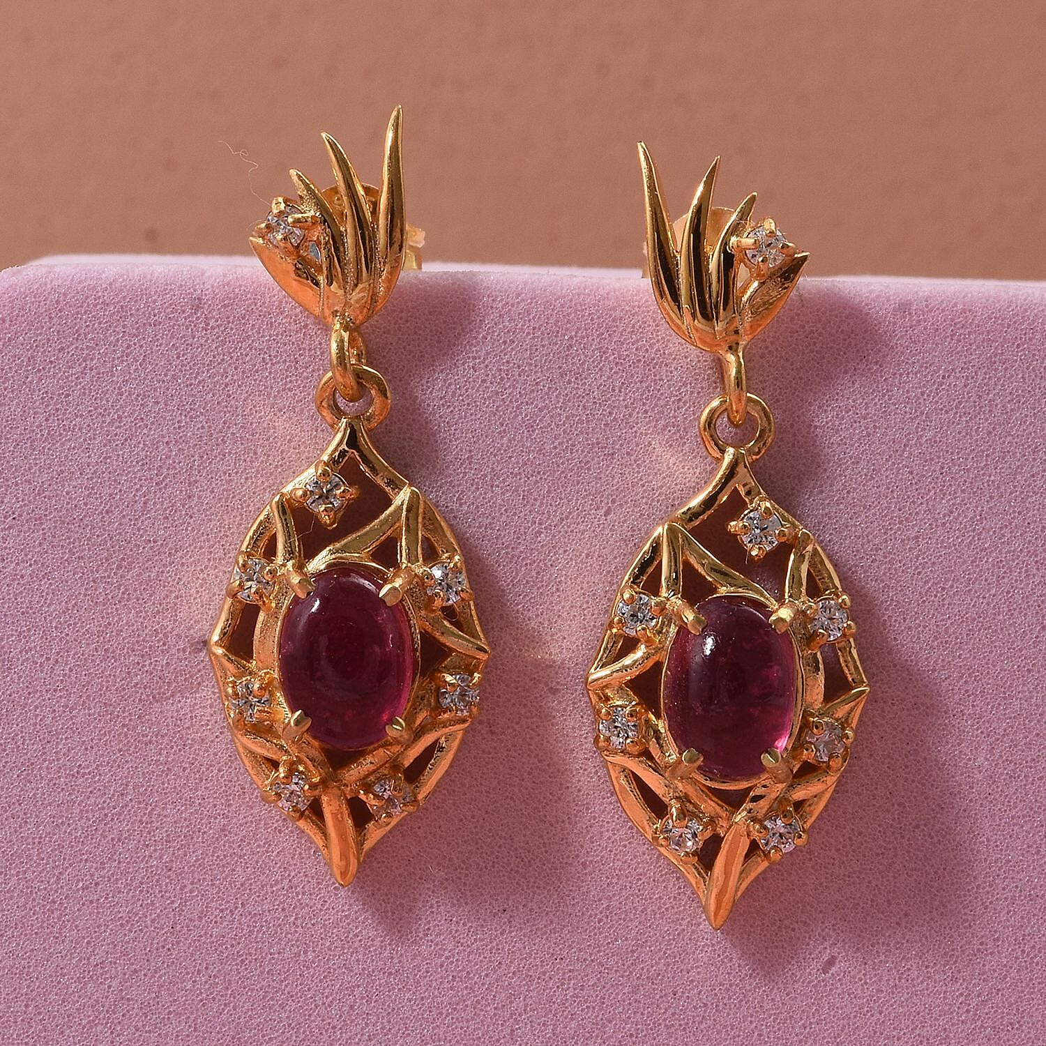 D'Joy African Ruby & White Zircon Earring in Yellow Gold Plated Sterling Silver 2.98 Ct.