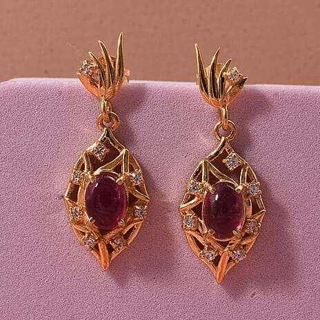 D'Joy African Ruby & White Zircon Earring in Yellow Gold Plated Sterling Silver 2.98 Ct.