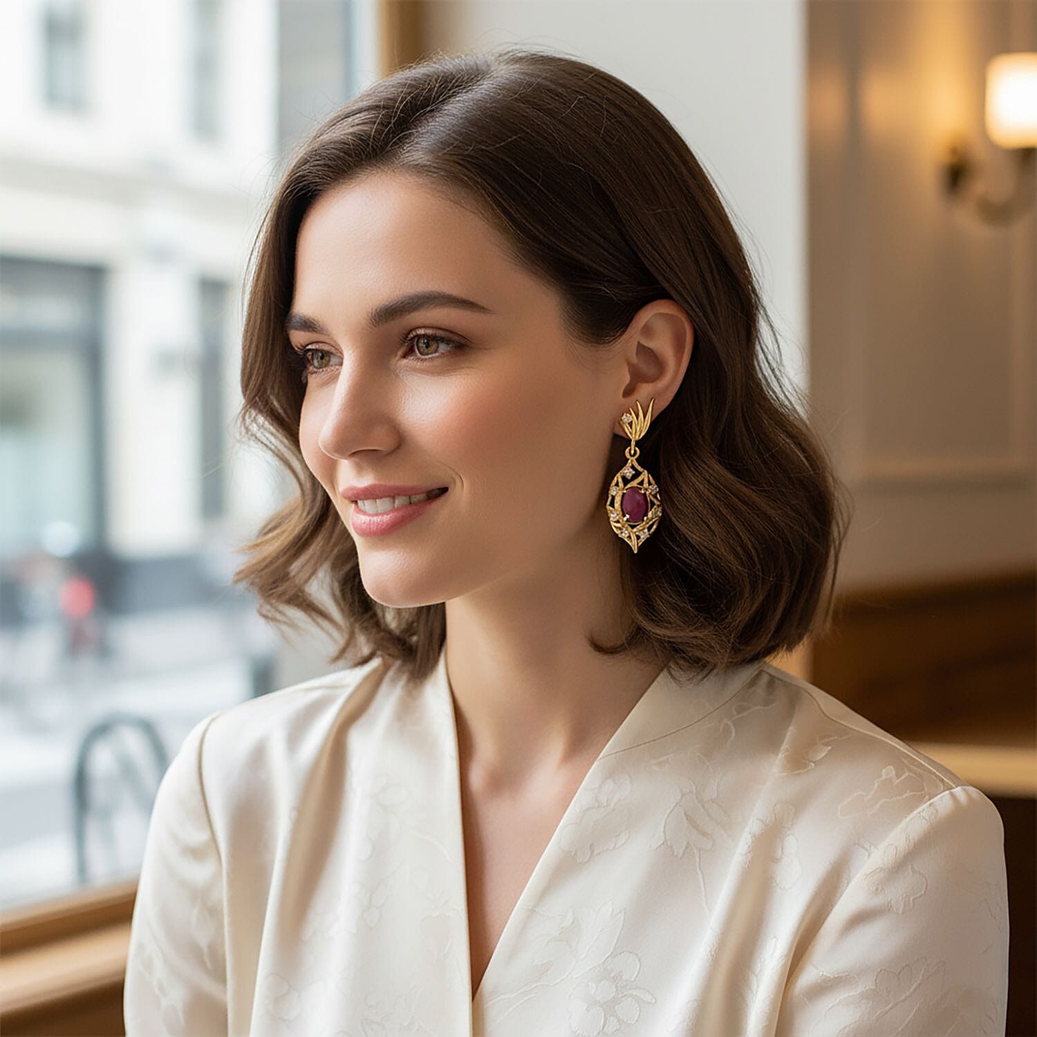 D'Joy African Ruby & White Zircon Earring in Yellow Gold Plated Sterling Silver 2.98 Ct.