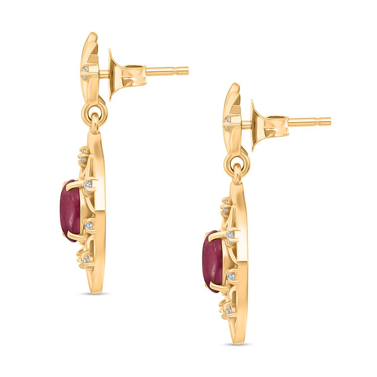 D'Joy African Ruby & White Zircon Earring in Yellow Gold Plated Sterling Silver 2.98 Ct.