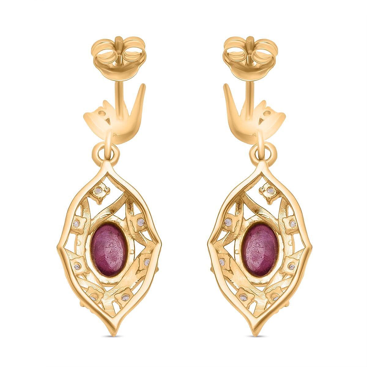 D'Joy African Ruby & White Zircon Earring in Yellow Gold Plated Sterling Silver 2.98 Ct.