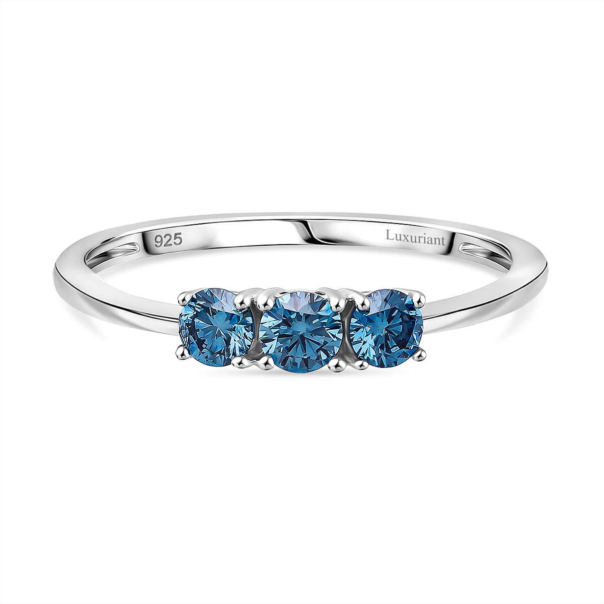 Luxuriant Lab Grown Blue Diamond (VS INTENSE BLUE) Trilogy Ring in Rhodium Overlay Sterling Silver 0.50 Ct.