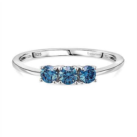 LUXURIANT Lab Grown Blue Diamond 3-Stone Ring in Rhodium Overlay Sterling Silver