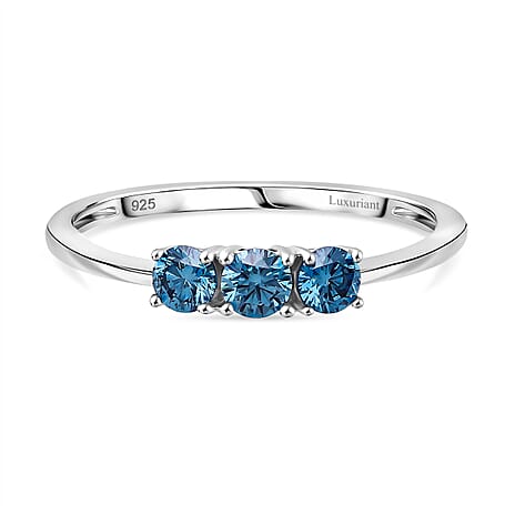 Luxuriant Lab Grown Blue Diamond (VS INTENSE BLUE) Trilogy Ring in Rhodium Overlay Sterling Silver 0.50 Ct.