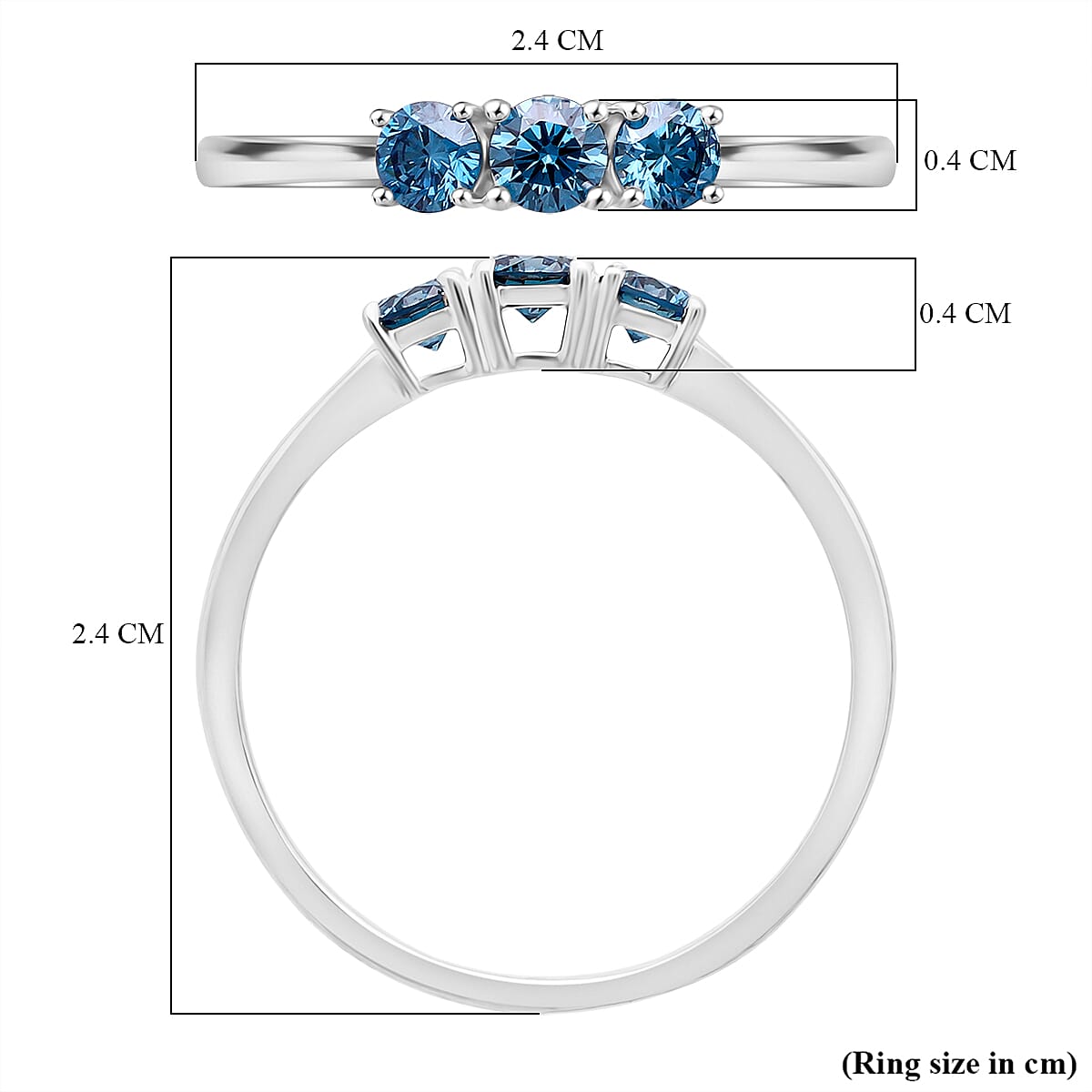 Luxuriant Lab Grown Blue Diamond (VS INTENSE BLUE) Trilogy Ring in Rhodium Overlay Sterling Silver 0.50 Ct.