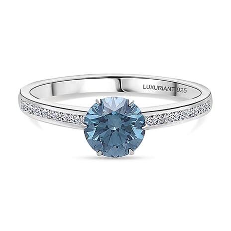Luxuriant Lab Grown Blue Diamond (Fancy Intense-VS) 1.00ct & Lab Grown Diamond (VS-EF) Ring in Rhodium Overlay Sterling Silver 1.26 Ct.