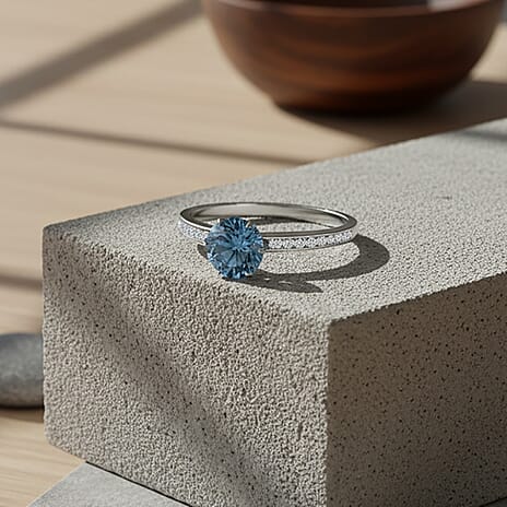 Luxuriant Lab Grown Blue Diamond (Fancy Intense-VS) 1.00ct & Lab Grown Diamond (VS-EF) Ring in Rhodium Overlay Sterling Silver 1.26 Ct.