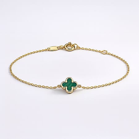 Designer Inspired Close Out - 9K Yellow Gold Malachite Clover Bracelet with Spring Ring Clasp  (7-7.5-inch)