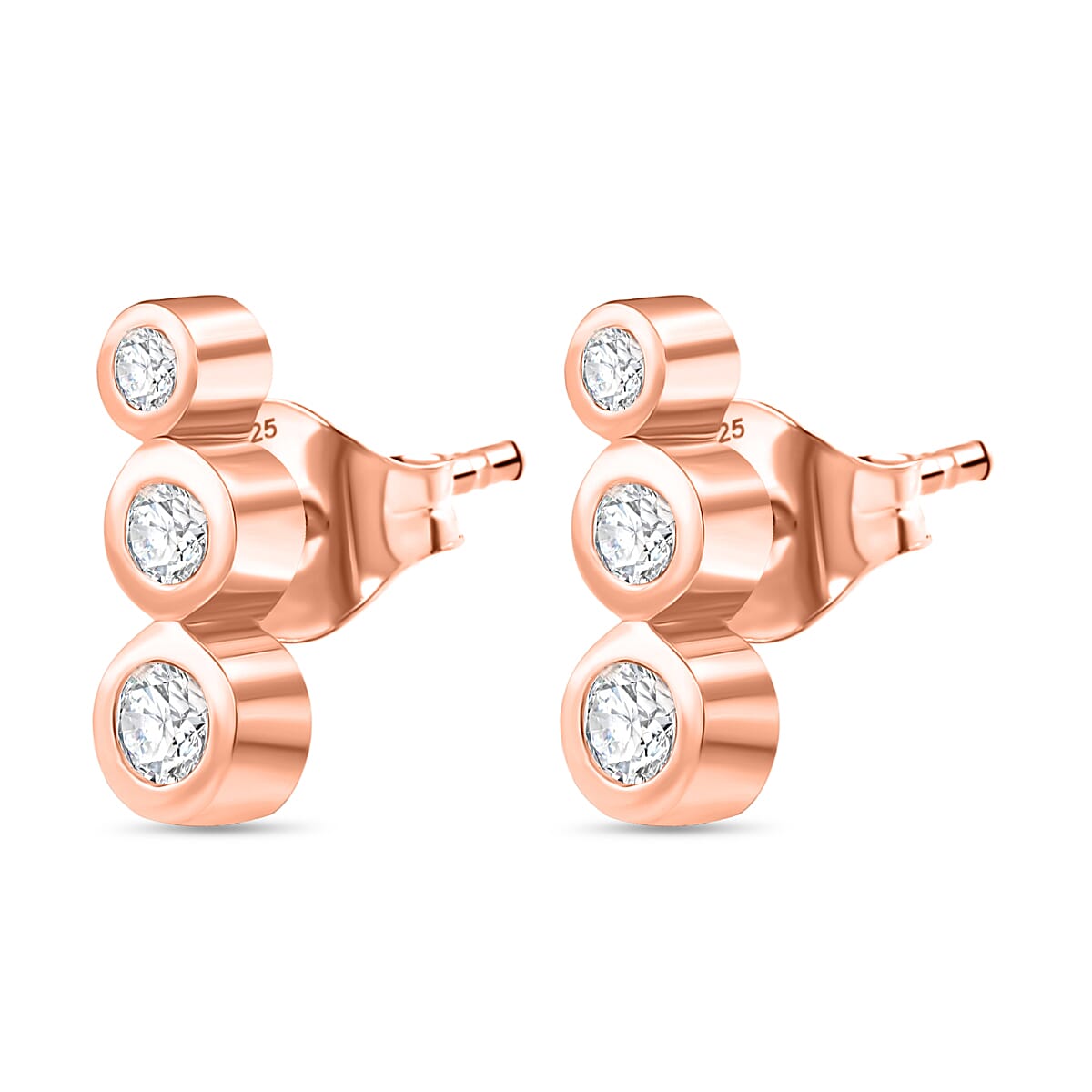 Luxuriant Lab Grown Diamond 3 Stone Stud Push Post Earring in 18K RG VermeilSterling Silver  0.330  Ct.