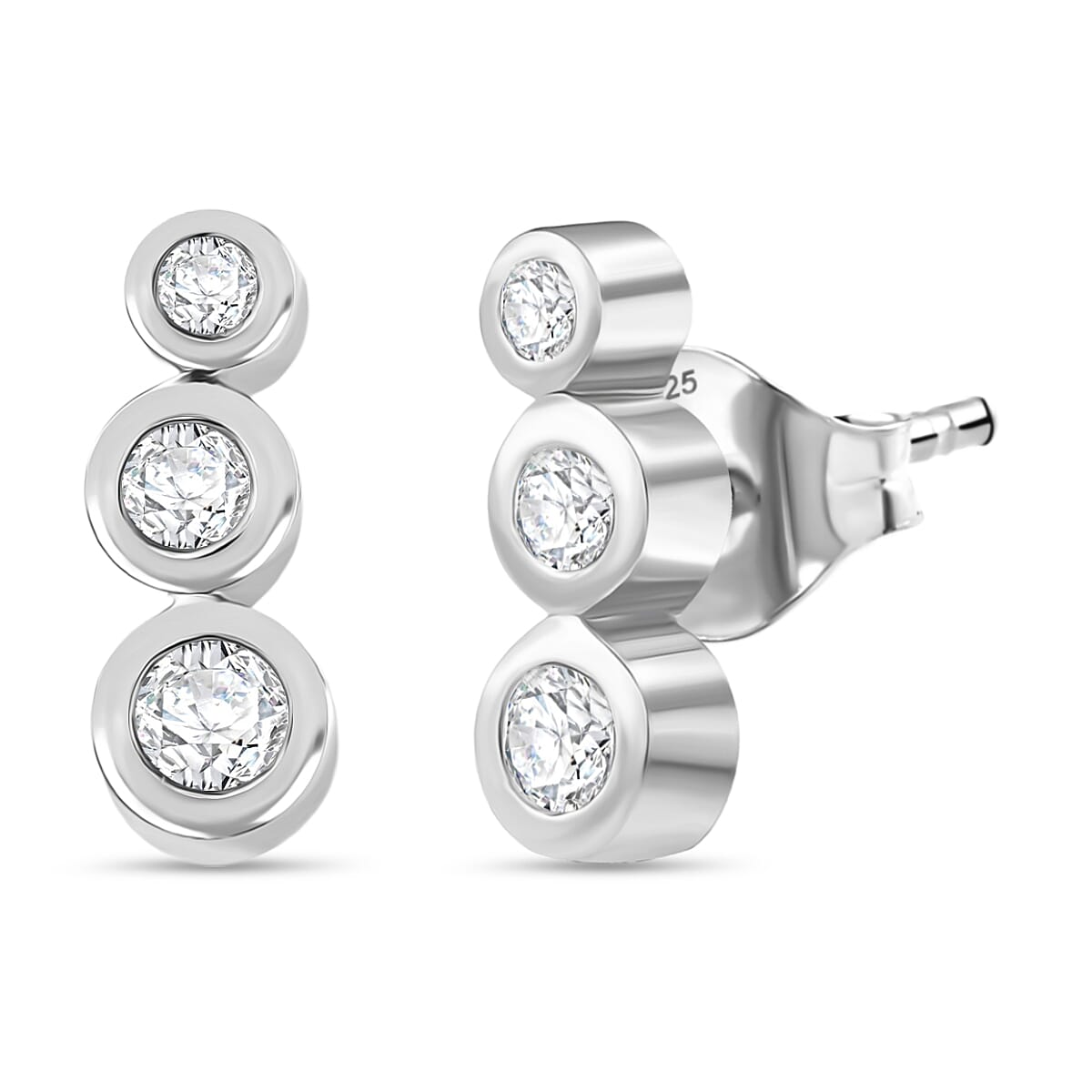 Luxuriant Lab Grown Diamond 3 Stone Stud Push Post Earring in Rhodium OverlaySterling Silver  0.330  Ct.