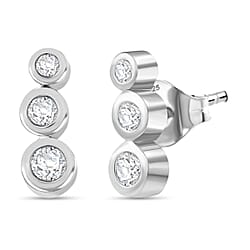 LUXURIANT Lab Grown Diamond 3-Stone Stud Push Post Earring in Rhodium Overlay Sterling Silver (VS-EF)