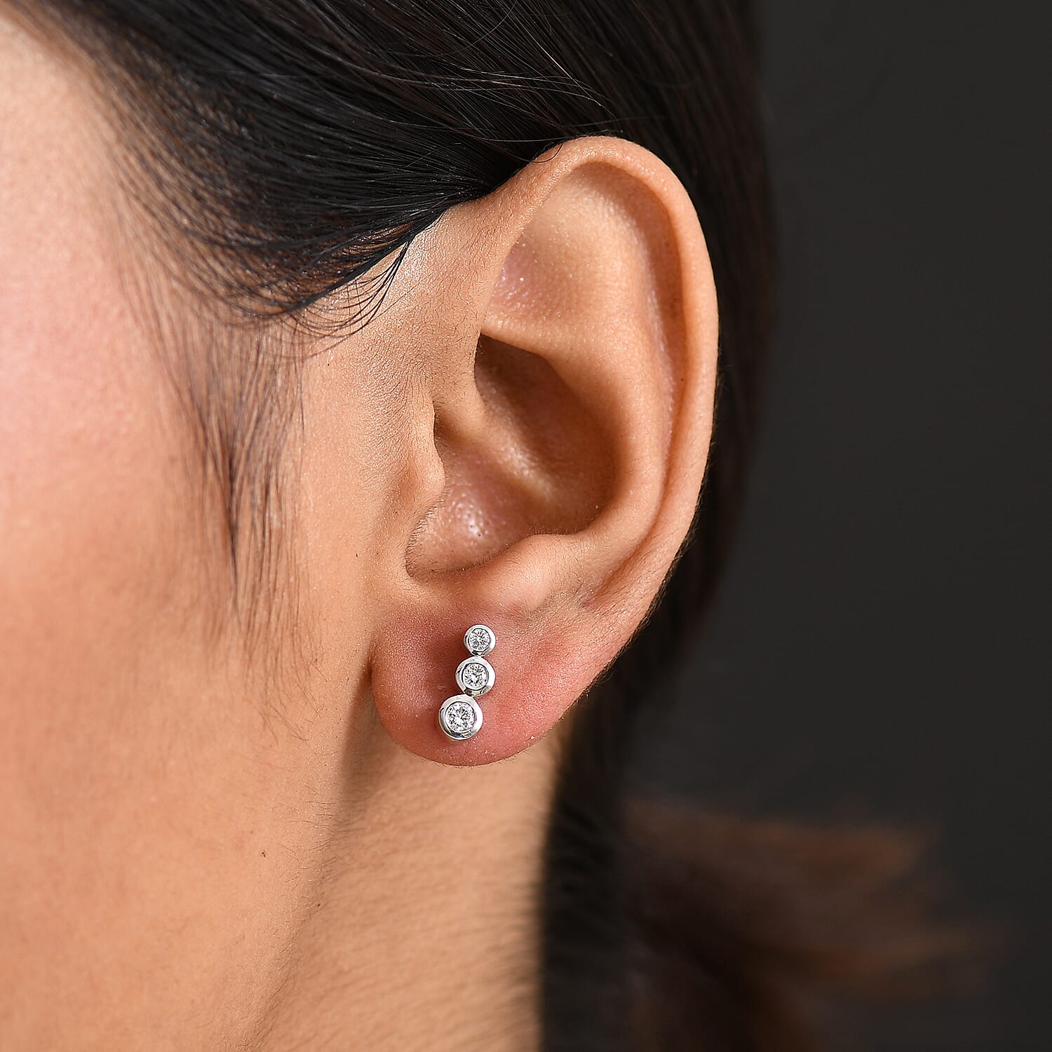 Luxuriant Lab Grown Diamond 3 Stone Stud Push Post Earring in Rhodium OverlaySterling Silver  0.330  Ct.