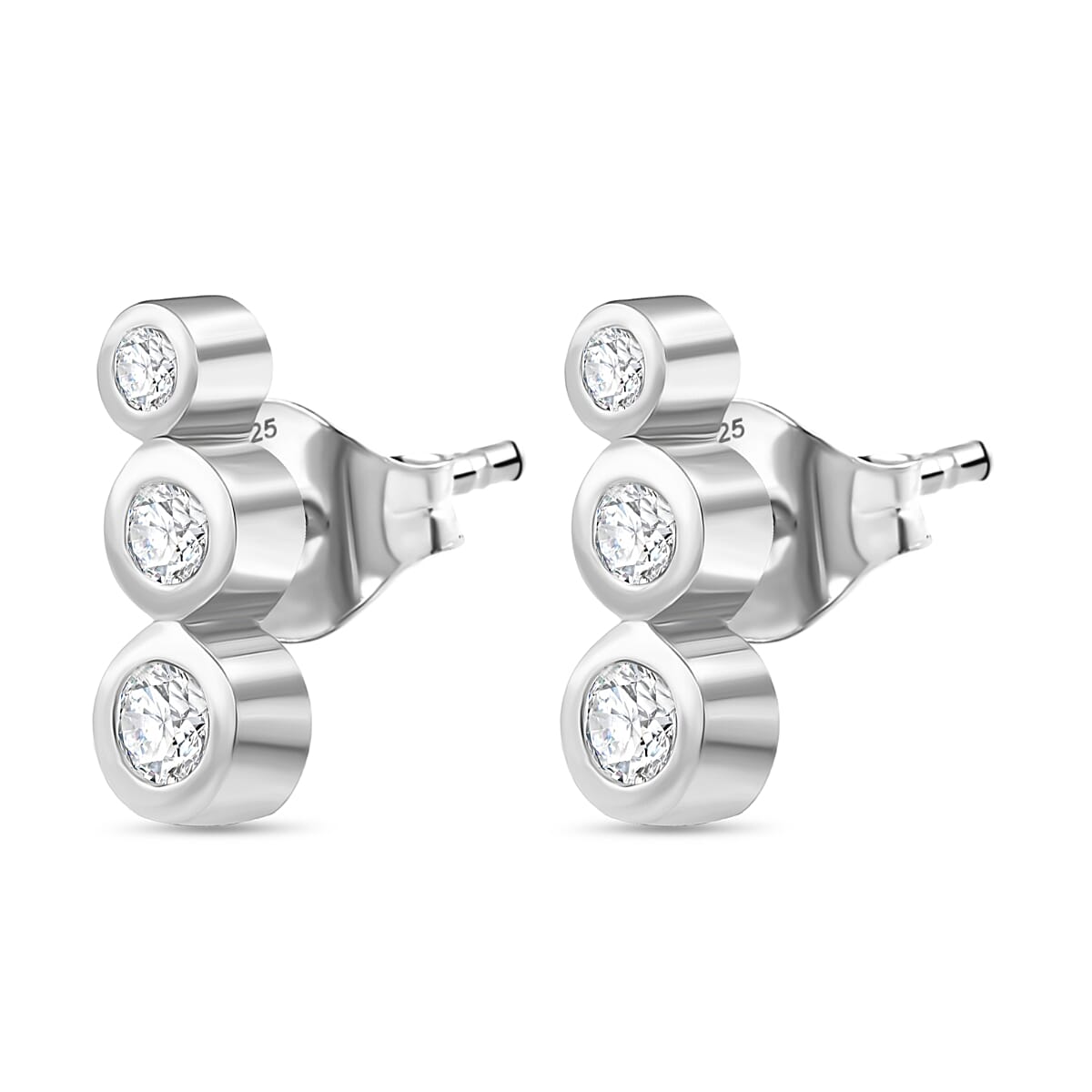 Luxuriant Lab Grown Diamond 3 Stone Stud Push Post Earring in Rhodium OverlaySterling Silver  0.330  Ct.