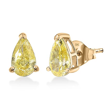 Luxuriant 9K Yellow Gold Lab Grown Yellow Diamond (VS) Solitaire Stud Push Post Earring 2.00 Ct.