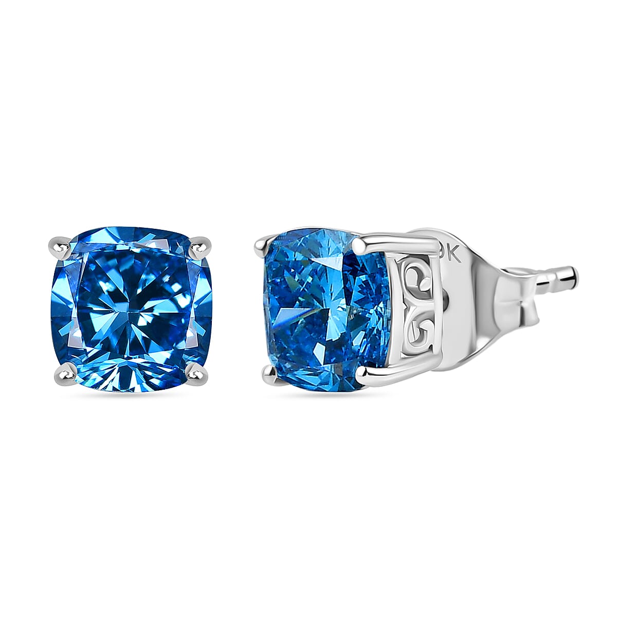 Luxuriant 9K White Gold VS Lab Grown Blue Diamond Solitaire Stud Push Post Earring 3.03 Ct.