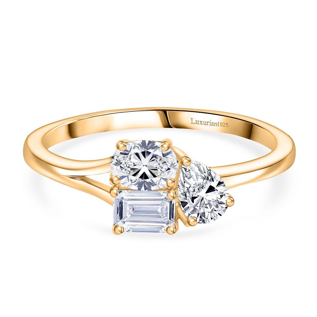 Luxuriant Lab Grown Diamond (VS-EF) 3 Stone Ring in 18K Vermeil Yellow Gold Plated Sterling Silver 0.77 Ct.