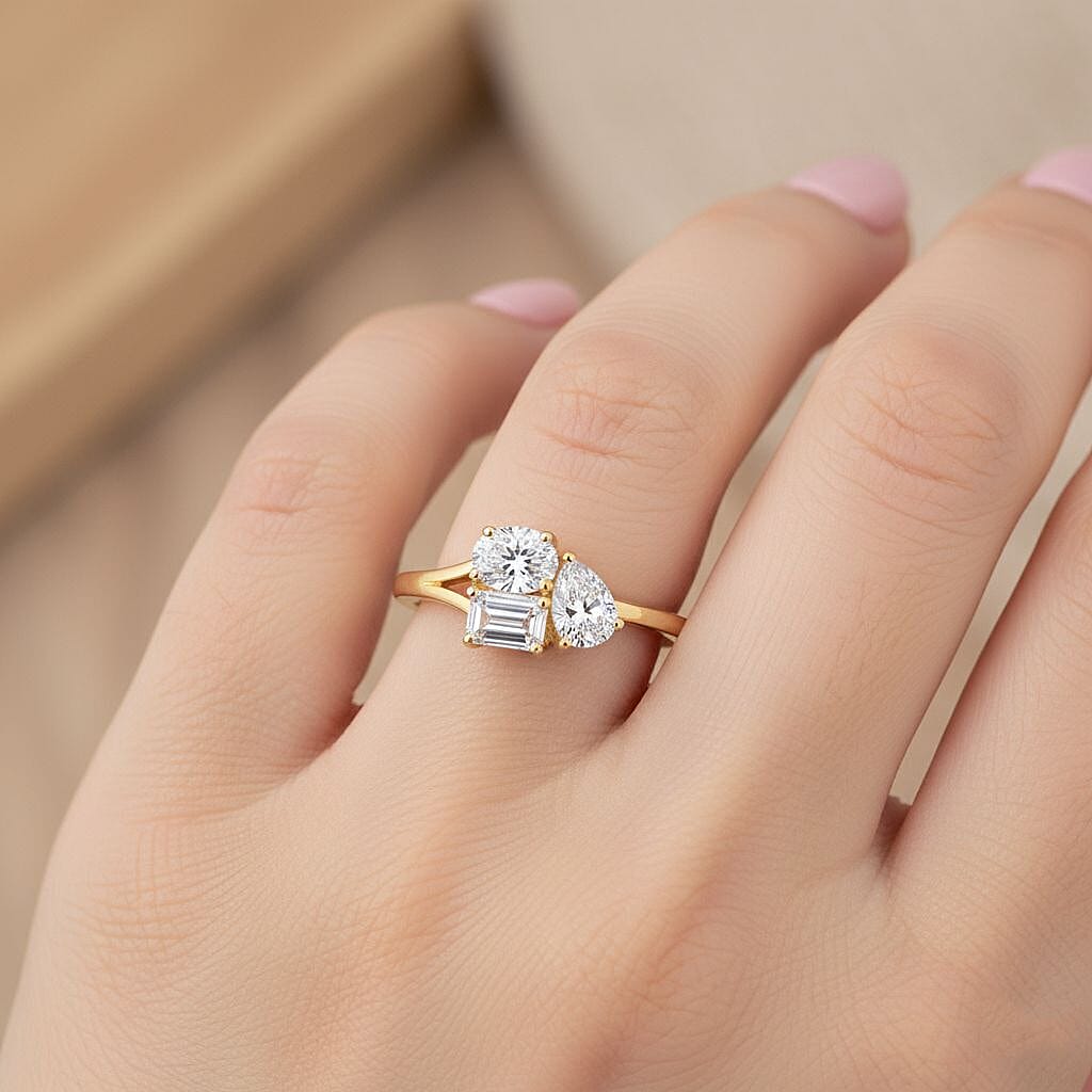 Luxuriant Lab Grown Diamond (VS-EF) 3 Stone Ring in 18K Vermeil Yellow Gold Plated Sterling Silver 0.77 Ct.