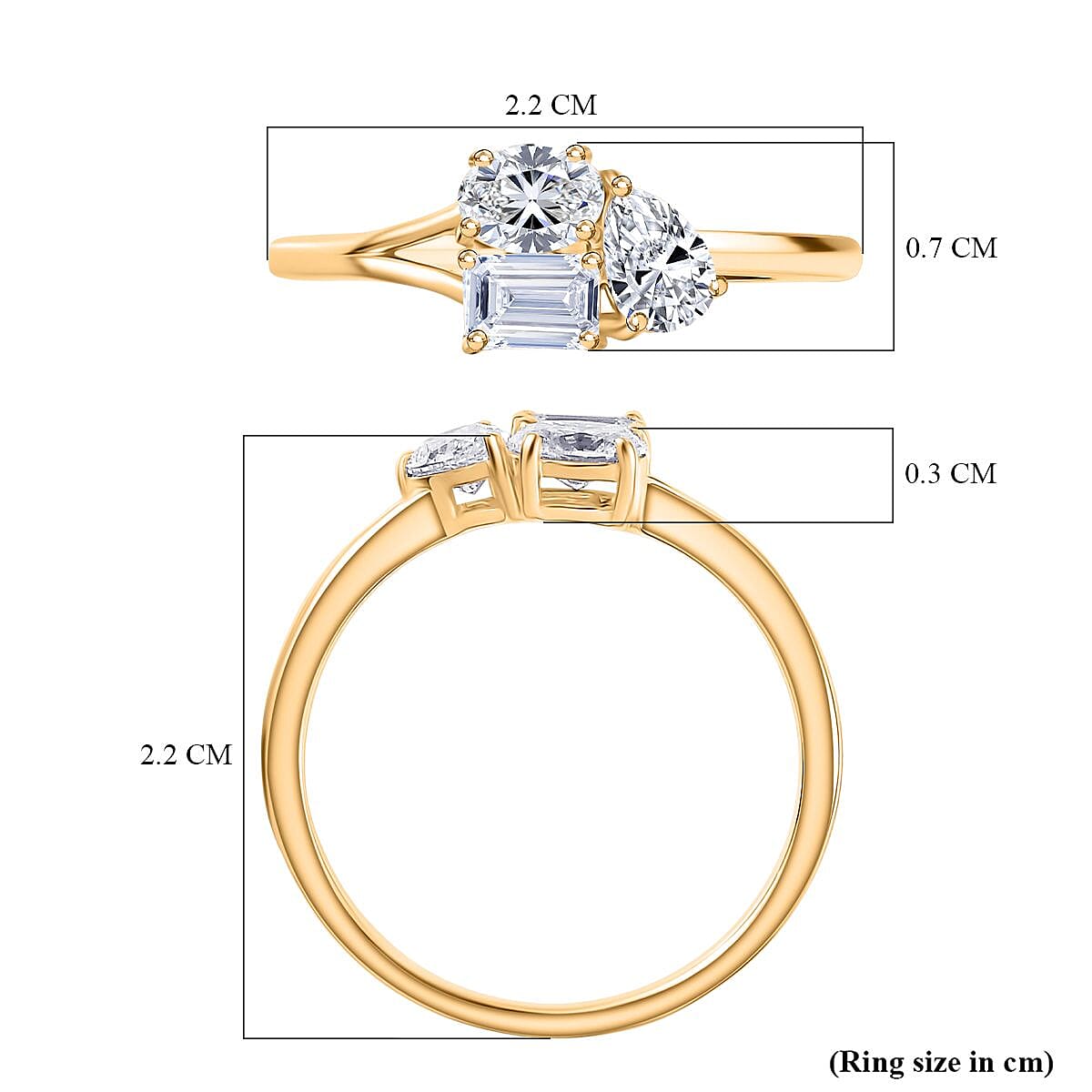 Luxuriant Lab Grown Diamond (VS-EF) 3 Stone Ring in 18K Vermeil Yellow Gold Plated Sterling Silver 0.77 Ct.