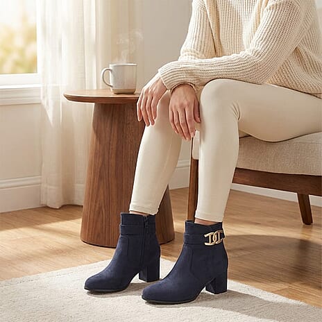 Emma Zelda Suede-Look Ankle Boot With Gold Buckle (Size 5) - Navy