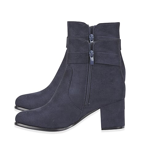 Emma Zelda Suede-Look Ankle Boot With Gold Buckle (Size 7) - Navy