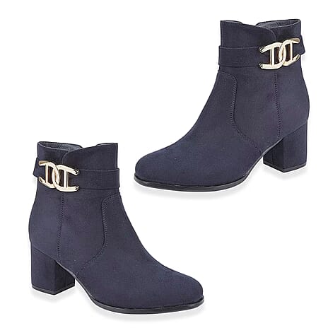 Emma Zelda Suede-Look Ankle Boot With Gold Buckle (Size 8) - Navy