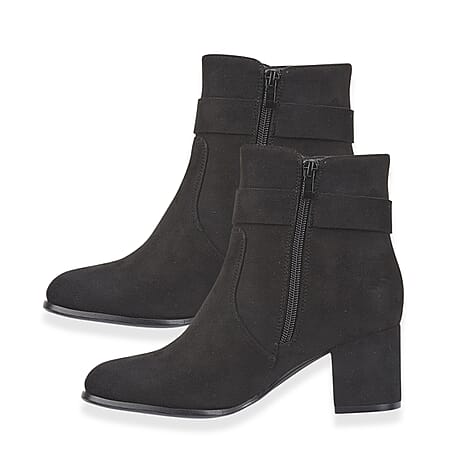 Emma Zelda Suede-Look Ankle Boot With Gold Buckle (Size 6) - Black