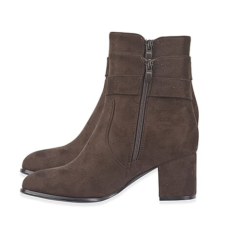 Emma Zelda Suede-Look Ankle Boot With Gold Buckle (Size 4) - Brown