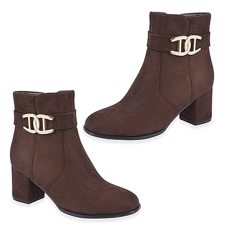 Emma Zelda Suede-Look Ankle Boot With Gold Buckle (Size 4) - Brown