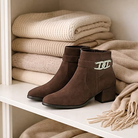 Emma Zelda Suede-Look Ankle Boot With Gold Buckle (Size 4) - Brown