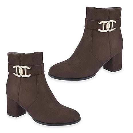 Emma Zelda Suede-Look Ankle Boot With Gold Buckle (Size 8) - Brown