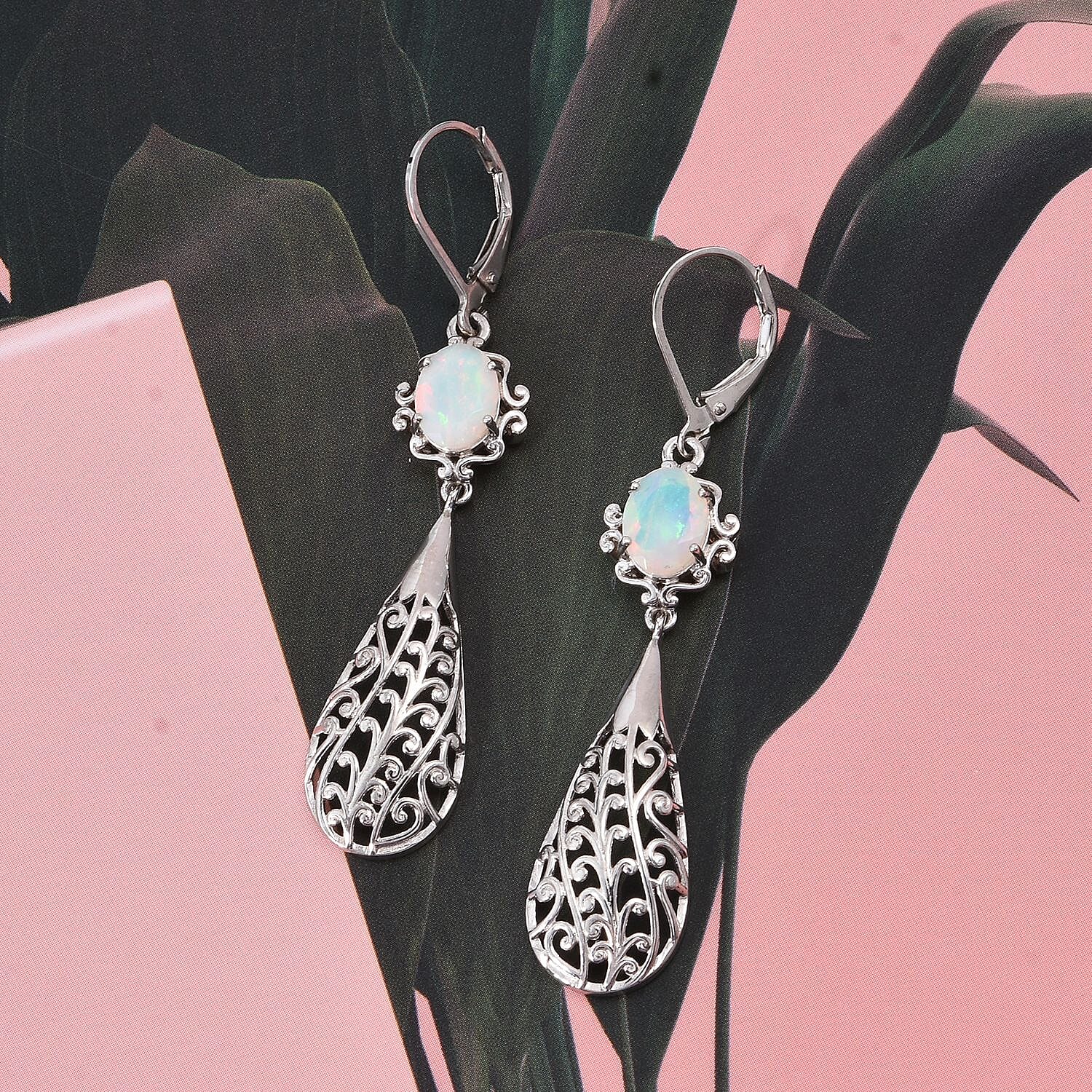 D'Joy Ethiopian Opal Earring with Lever Back in Rhodium Overlay Sterling Silver 1.50 Ct, Silver Wt. 5.80 Gms.